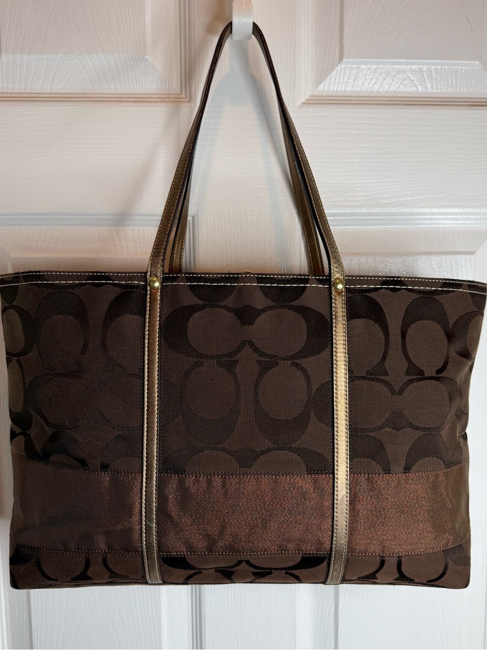 COACH SIGNATURE STRIPE TOTE BAG, METALLIC BRONZE STRIPE - Picture 4 of 16